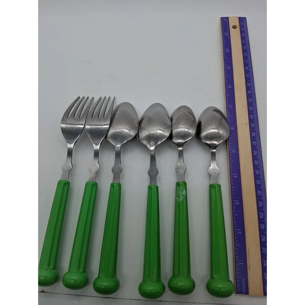 6 Piece Vintage Oxford Hall Oval Soup Spoon & Fork Lime Green Japan